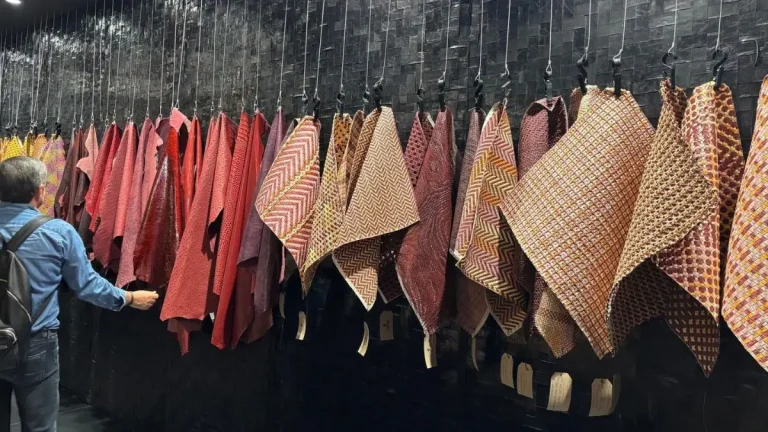 Textured leather and material samples displayed at LINEAPELLE Milano, illustrating AW 2027/28 footwear trends in color, texture and finish.
