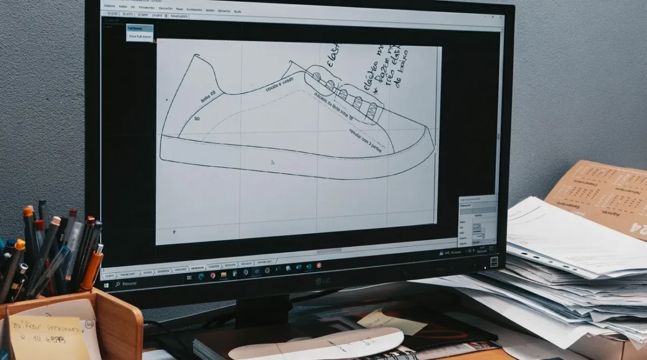 Technical shoe drawing displayed on a computer screen during custom shoe development at LG Shoes.