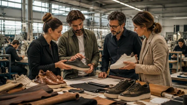 LG Shoes - How to build a footwear collection with fewer but stronger models 6 European footwear manufacturing collaboration between brand representatives and production specialists reviewing shoe prototypes and materials inside a modern factory environment.
