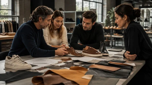 LG Shoes - Footwear production lead times: what brands should expect in Europe 4 European footwear manufacturing partnership meeting with product development specialists reviewing shoe samples, materials and production planning in a modern industrial environment.