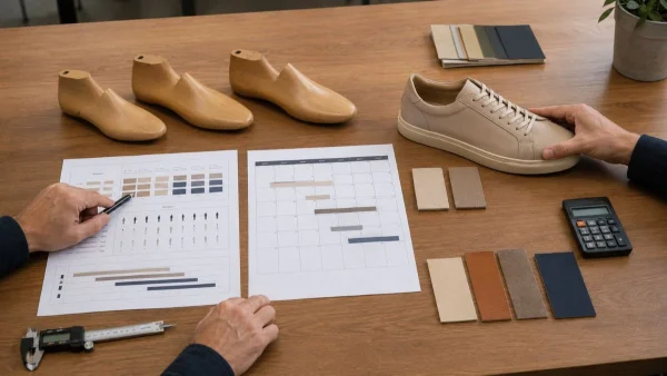 LG Shoes - How to brief a shoe manufacturer: the information brands must prepare before the first contact 6 Footwear specialists reviewing size range, estimated quantities, material options, and production timelines for a beige sneaker project