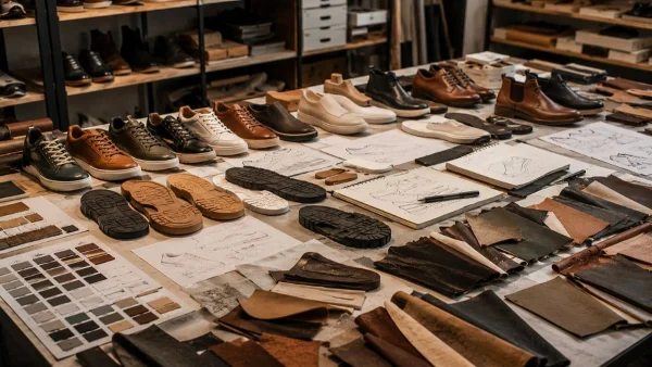 LG Shoes - How to build a footwear collection with fewer but stronger models 4 Complex footwear collection development process with multiple shoe models, outsole variations, leather materials and production planning components in a European manufacturing studio.