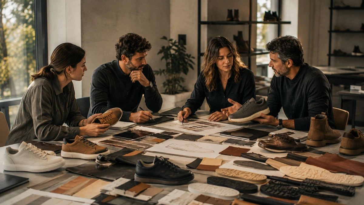 Footwear collection planning meeting with footwear professionals reviewing shoe models, materials and production strategy in a European manufacturing studio.