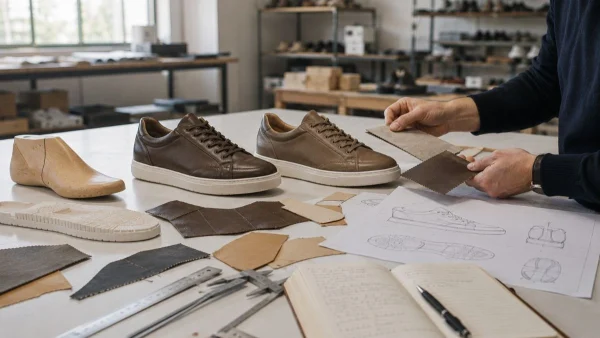 Footwear technician evaluating construction options, material samples and leather sneaker prototypes during footwear product development inside a Portuguese shoe factory.