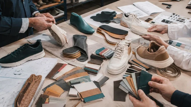 Footwear design and development process with prototypes, material selection, shoe components and product development planning inside a Portuguese shoe factory