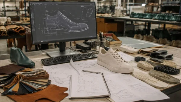 LG Shoes - 7 ways footwear brands can balance creativity and manufacturability 4 Footwear design and development workstation featuring CAD shoe design, prototype evaluation, material selection and product planning inside a Portuguese shoe factory