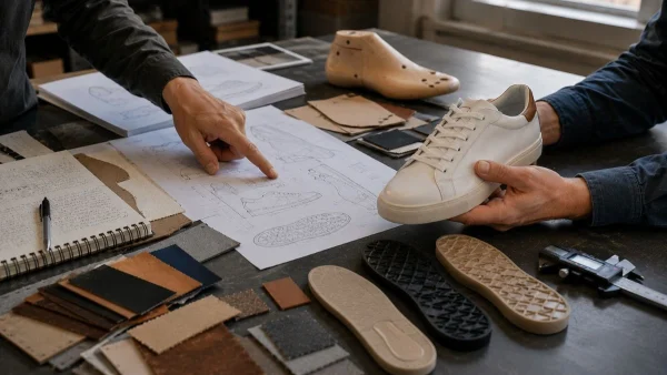 LG Shoes - 10 mistakes footwear brands make when choosing a footwear manufacturing partner 6 Footwear brand and manufacturer collaboratively reviewing a premium sneaker prototype and technical documentation during product development in a Portuguese shoe factory.
