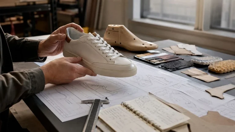 Footwear development specialist evaluating a premium sneaker prototype before selecting a footwear manufacturing partner in a Portuguese shoe factory.