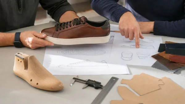 Two footwear development specialists reviewing a premium sneaker prototype and technical drawings during a product development meeting inside a Portuguese shoe factory.