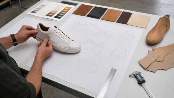 Footwear development specialist comparing a leather material swatch with a premium sneaker prototype during material selection inside a Portuguese shoe factory.