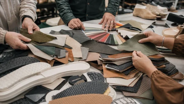 LG Shoes - 7 ways footwear brands can balance creativity and manufacturability 5 Footwear material selection process with leather samples, outsole components and material evaluation during product development in a Portuguese shoe factory