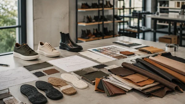 LG Shoes - Footwear production lead times: what brands should expect in Europe 3 Footwear material sourcing and selection process with leather samples, outsole components and shoe prototypes inside a modern European manufacturing environment.