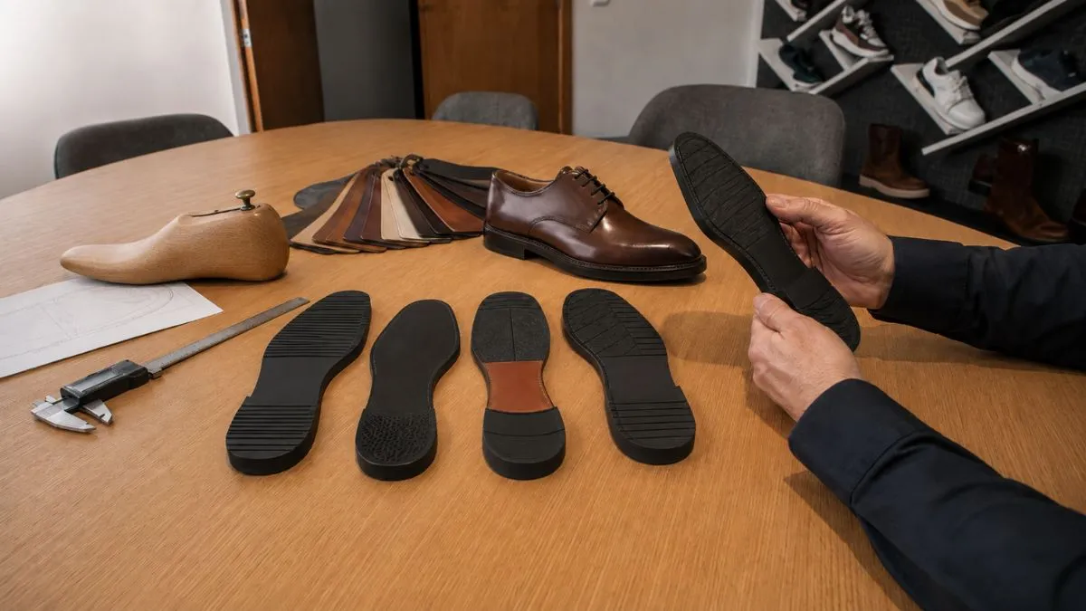 Footwear specialist comparing outsole options for a premium brown leather derby shoe