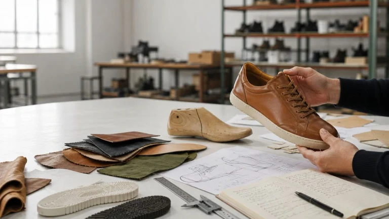 Footwear technician reviewing a leather shoe prototype, material samples and technical drawings during footwear product development in a Portuguese shoe factory.
