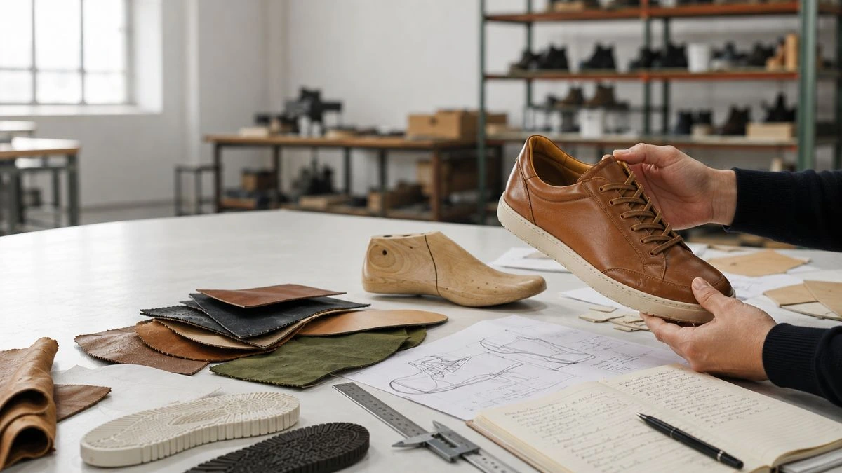 Footwear technician reviewing a leather shoe prototype, material samples and technical drawings during footwear product development in a Portuguese shoe factory.