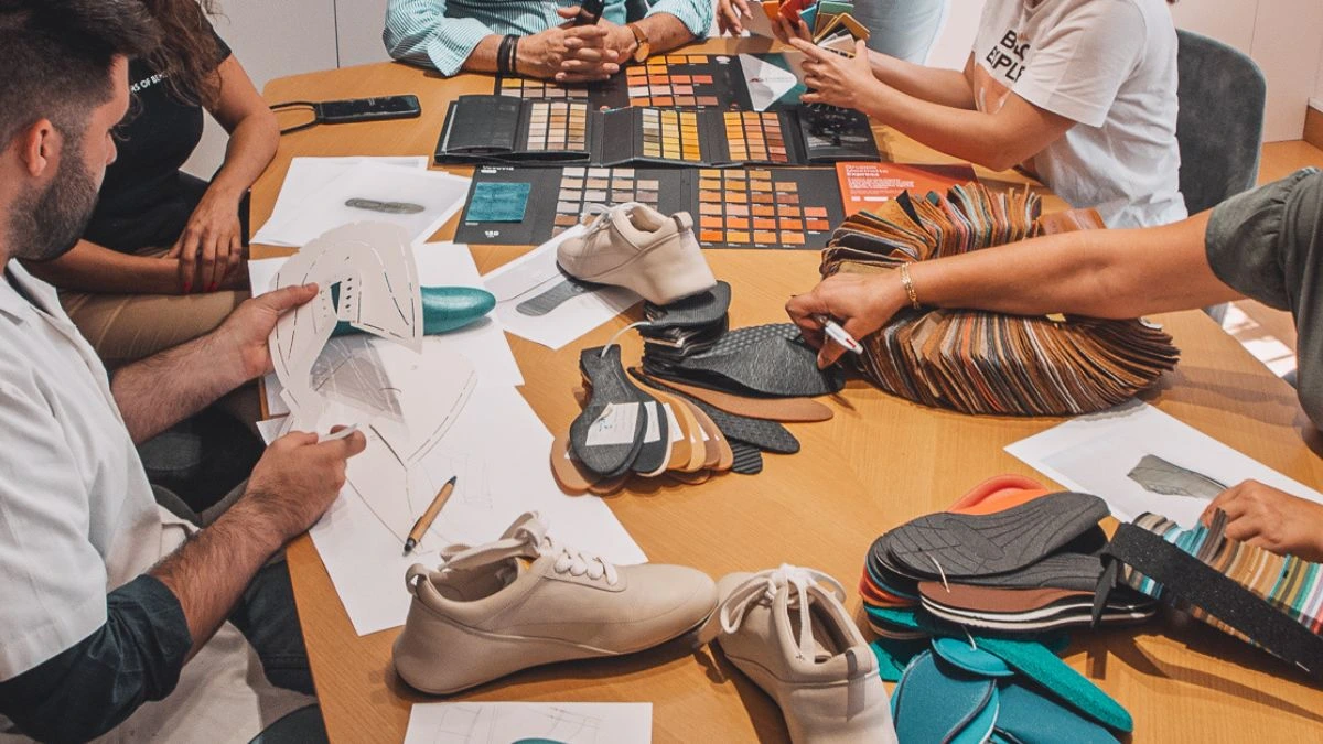 footwear production briefing with materials, sketches and shoe components