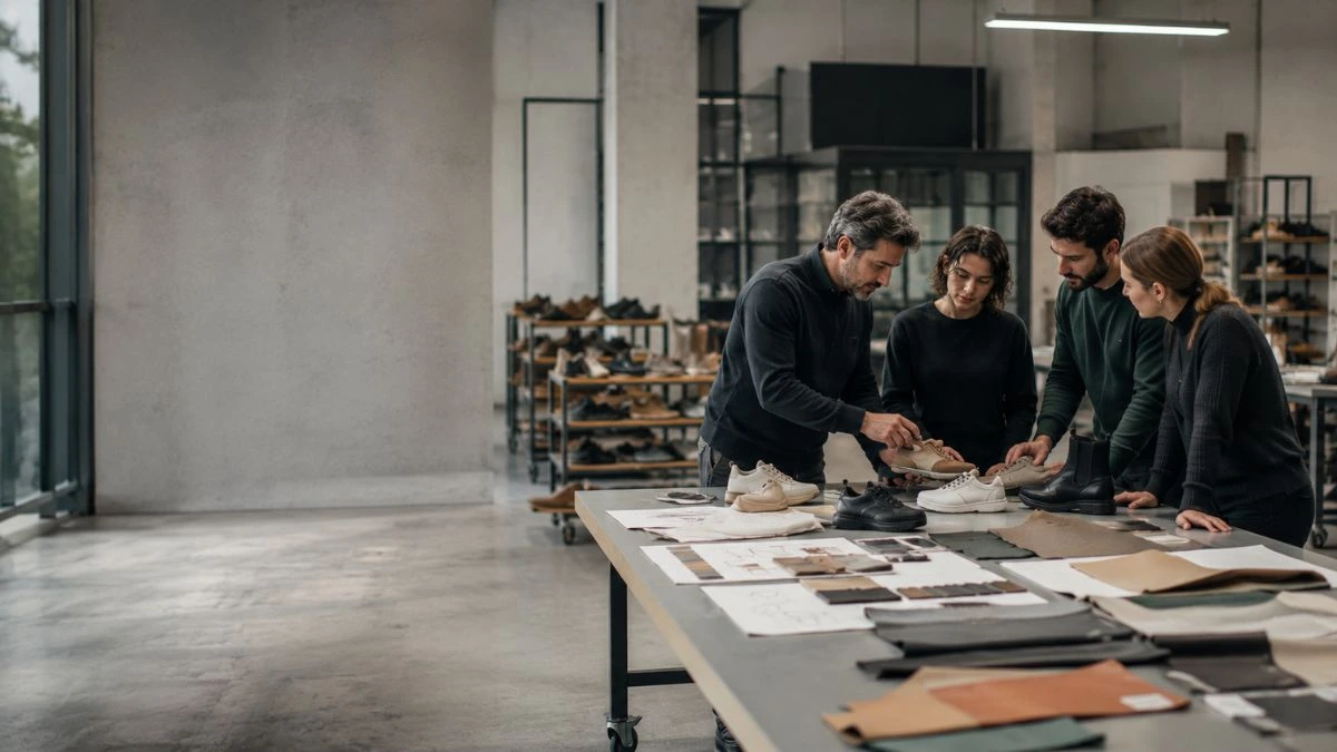 Footwear production lead times planning process in a modern European shoe manufacturing environment with designers reviewing shoe samples and materials.