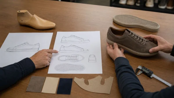 LG Shoes - How to brief a shoe manufacturer: the information brands must prepare before the first contact 4 Footwear specialists comparing an initial sneaker sketch, technical drawings, materials, and a physical product reference