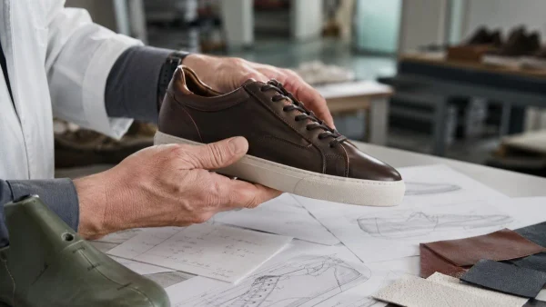 LG Shoes - 7 ways footwear brands can balance creativity and manufacturability 6 Footwear prototype evaluation during product development with technician inspecting a leather sneaker prototype inside a Portuguese shoe factory