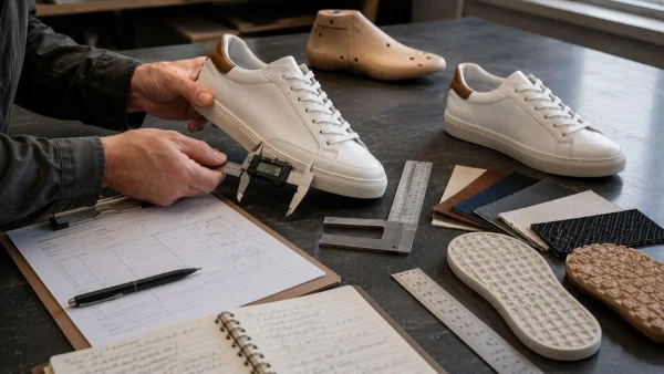 LG Shoes - 10 mistakes footwear brands make when choosing a footwear manufacturing partner 5 Footwear quality control technician inspecting a premium sneaker prototype with precision measuring tools during quality assurance in a Portuguese shoe factory.
