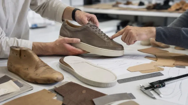 Footwear development specialists reviewing a leather sneaker sample during the footwear sampling process.