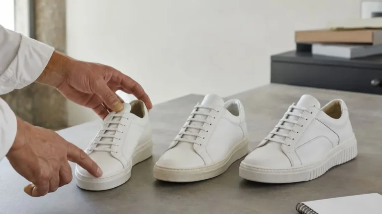 Three premium leather sneaker prototypes being compared during the footwear sampling process before production.
