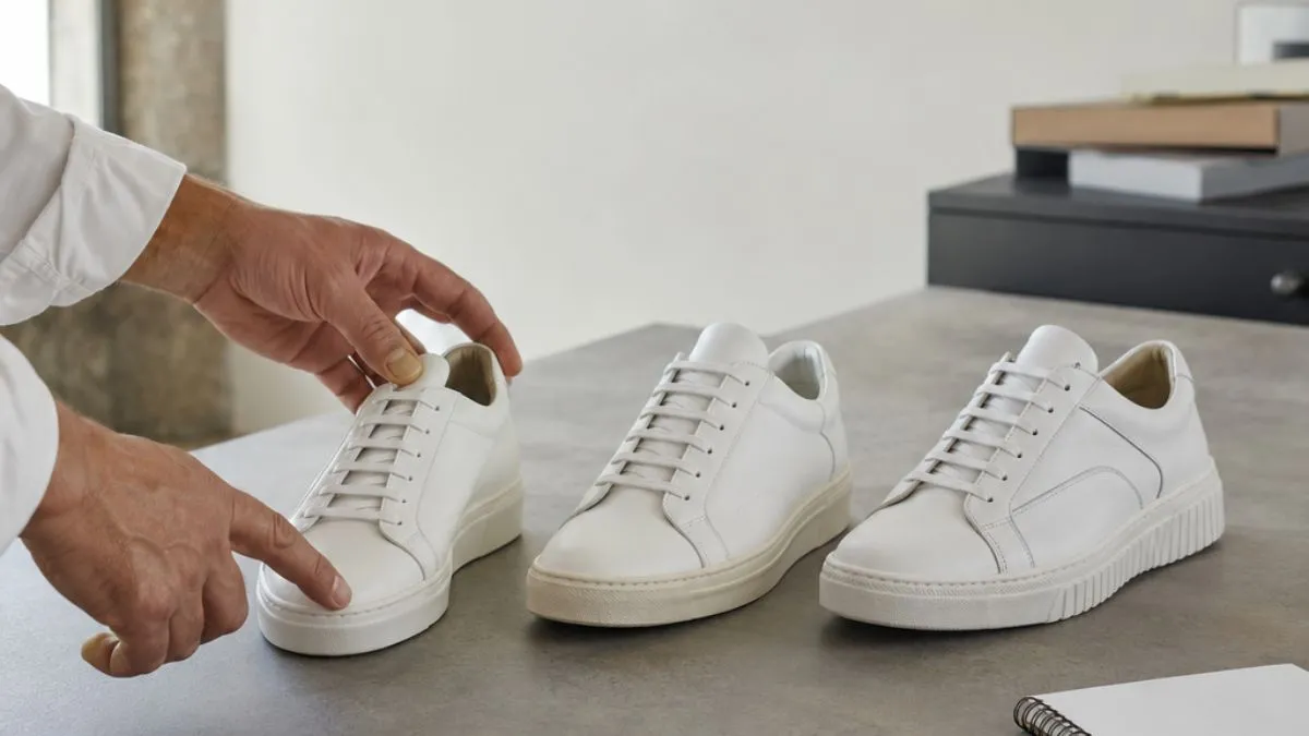 Three premium leather sneaker prototypes being compared during the footwear sampling process before production.