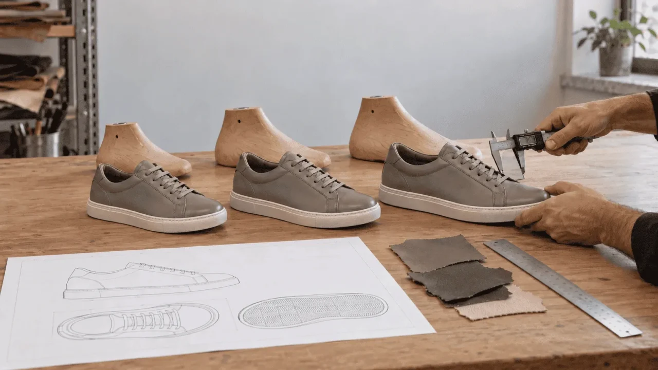 Three sizes of the same leather sneaker being reviewed with corresponding shoe lasts during the footwear size grading process.