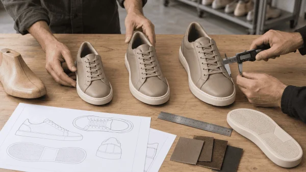LG Shoes - Footwear size grading: how brands protect fit consistency across a size range 4 Three sizes of the same leather sneaker being compared and measured during representative size validation in the footwear size grading process.