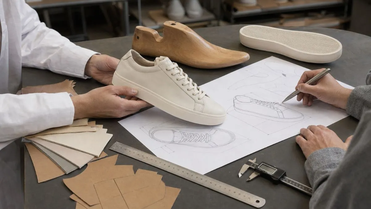 Footwear development specialists reviewing a leather sneaker sample, technical drawings, materials and components during a footwear tech pack review.