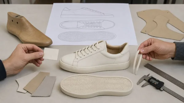 LG Shoes - Footwear tech pack: what brands should include before sampling begins 5 Footwear development specialists reviewing leather materials, laces and an outsole reference against a sneaker during footwear tech pack preparation.