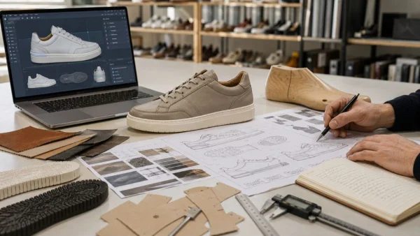 Footwear technician reviewing a tech pack, CAD model and leather sneaker prototype during footwear product development inside a Portuguese shoe factory.