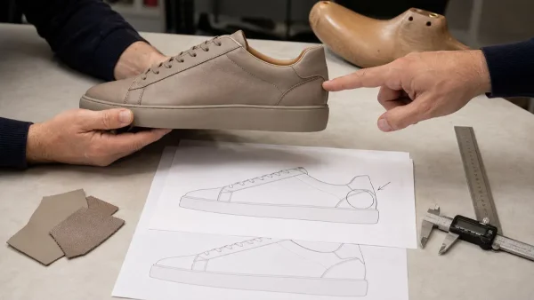 LG Shoes - Footwear tech pack: what brands should include before sampling begins 6 Footwear development specialists reviewing a sneaker sample against updated technical drawings during footwear tech pack revision control.