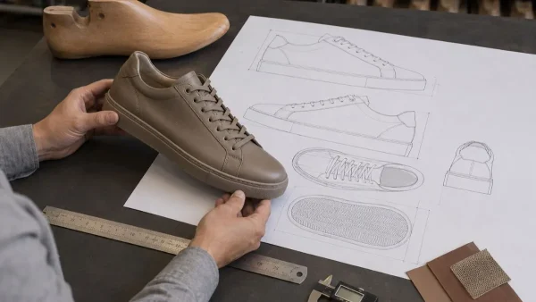 LG Shoes - Footwear tech pack: what brands should include before sampling begins 4 Technical footwear drawings and product specifications being reviewed with a leather sneaker sample during footwear development.