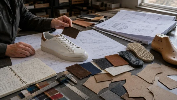 LG Shoes - 10 mistakes footwear brands make when choosing a footwear manufacturing partner 4 Footwear development specialist reviewing technical documentation, leather samples and a sneaker prototype during the product development process in a Portuguese shoe factory.