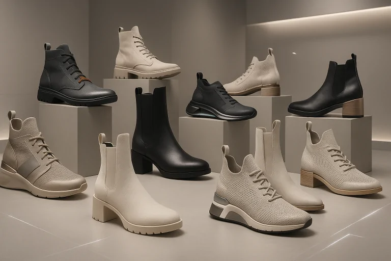 Premium footwear collection displayed on neutral blocks for trend insights 2025