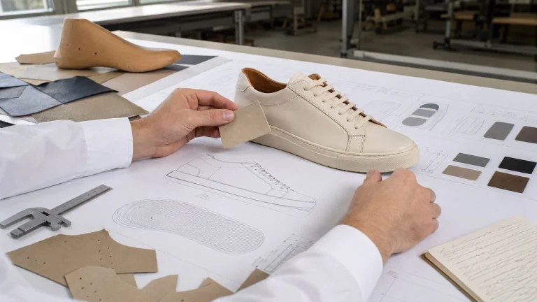Footwear development specialist validating leather material against a premium sneaker prototype inside a Portuguese shoe factory.