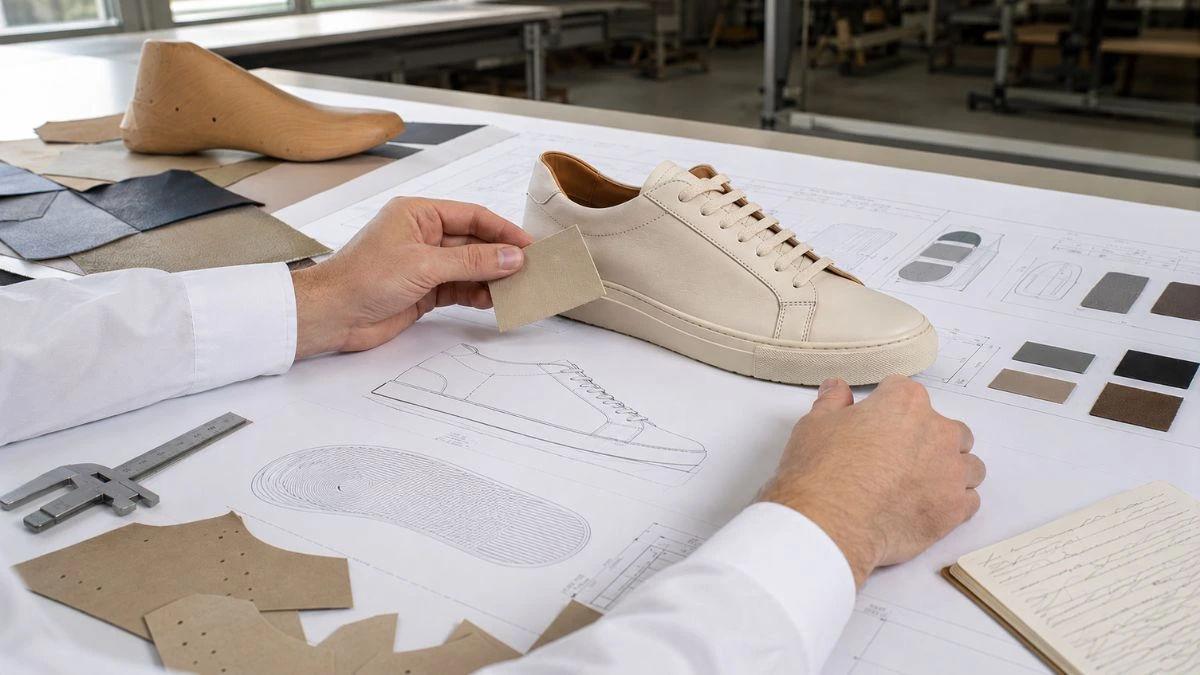 Footwear development specialist validating leather material against a premium sneaker prototype inside a Portuguese shoe factory.