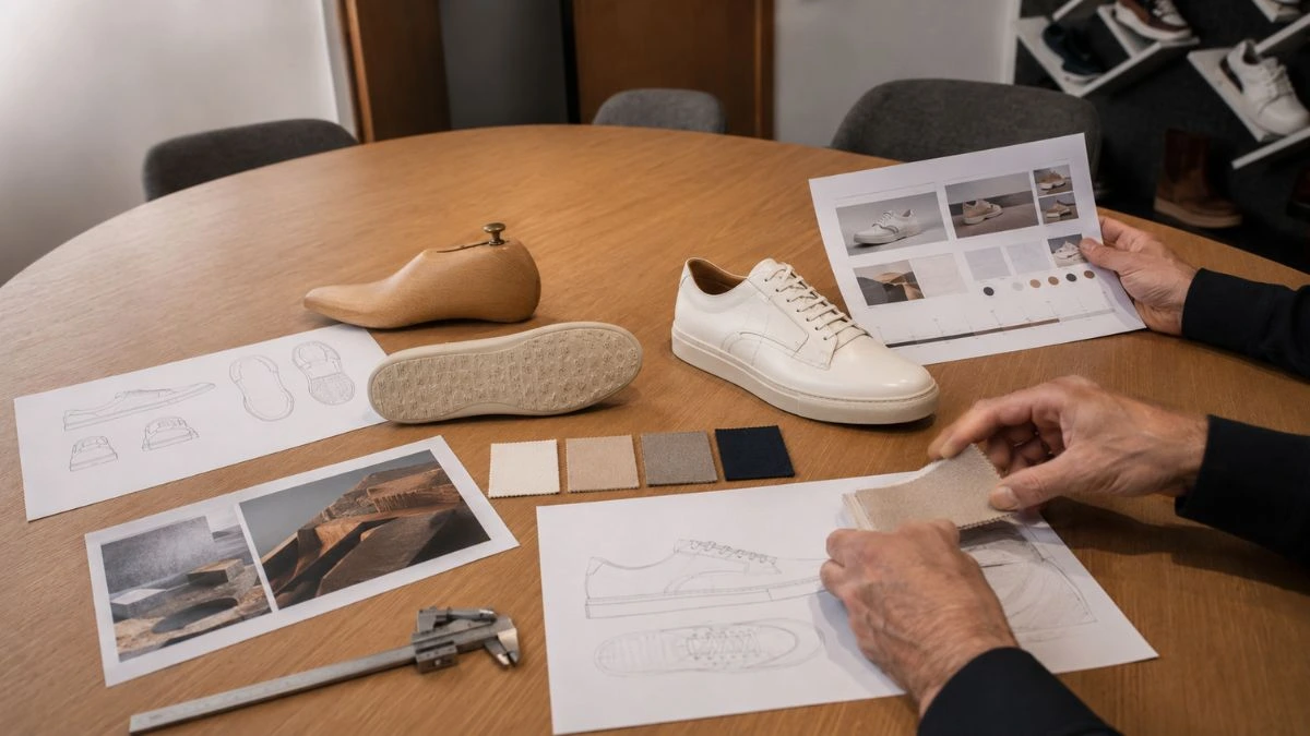 Brand team reviewing how to brief a shoe manufacturer using product references, drawings, materials, and initial project information