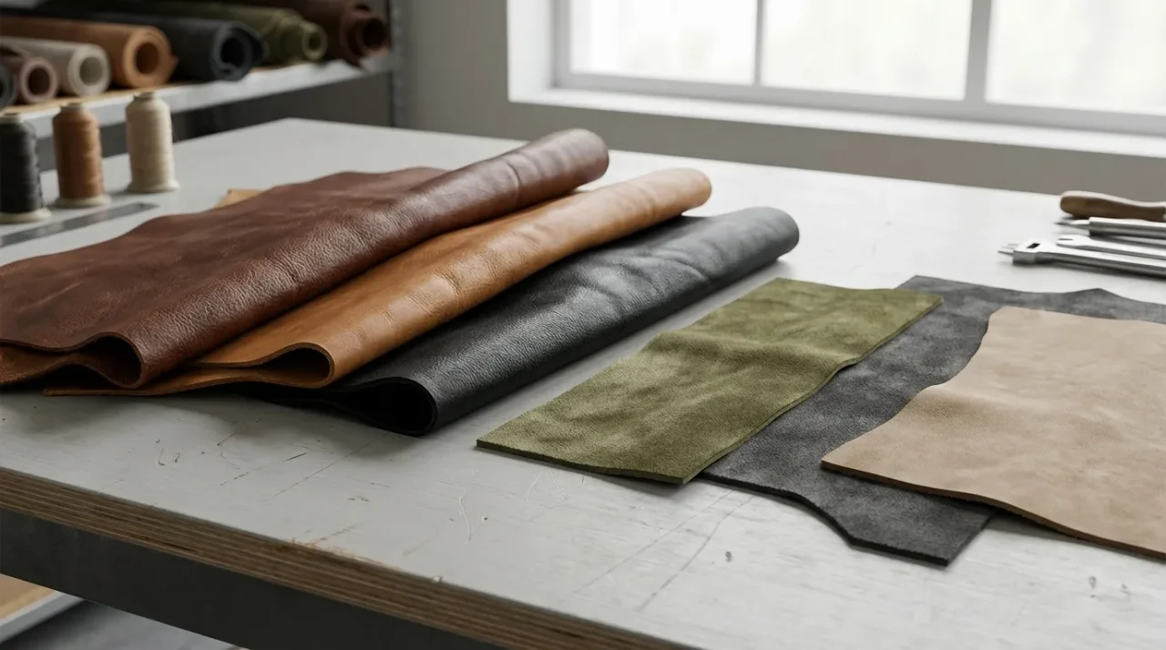 Leather selection process in footwear manufacturing with different leather types displayed on a worktable