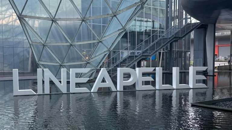 Lineapelle international leather fair entrance in Milan, a key trade fair for footwear manufacturing and sourcing in Europe
