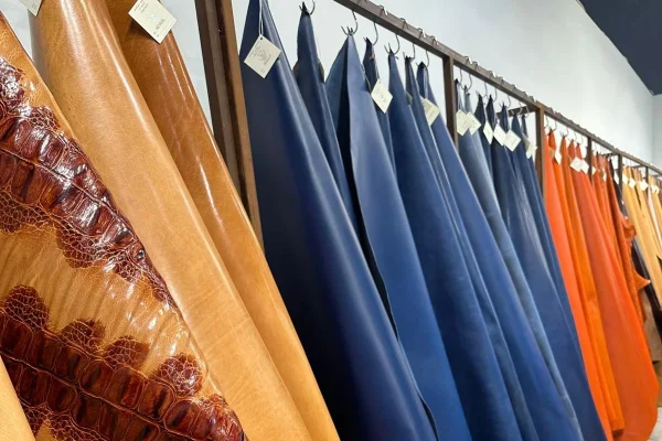 Premium leather materials displayed at Lineapelle, supporting sourcing decisions for brands evaluating a footwear manufacturer Portugal
