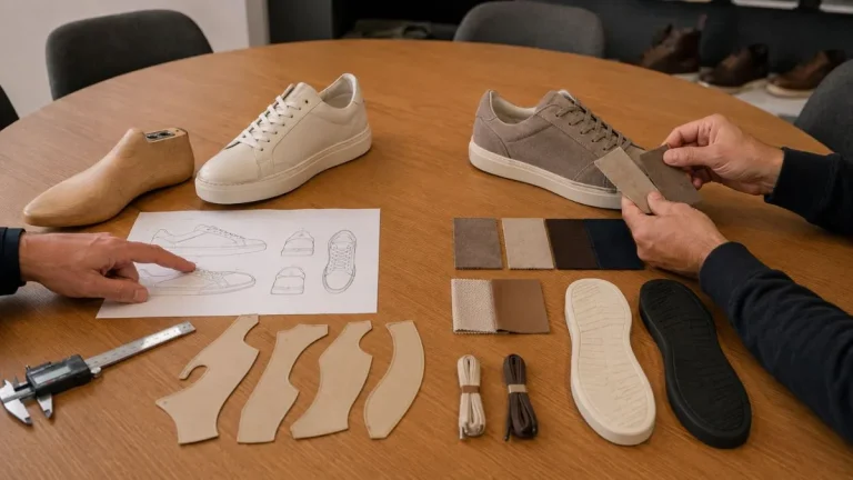 OEM vs private label footwear development discussed by specialists comparing sneaker designs, technical drawings, materials, and outsole options