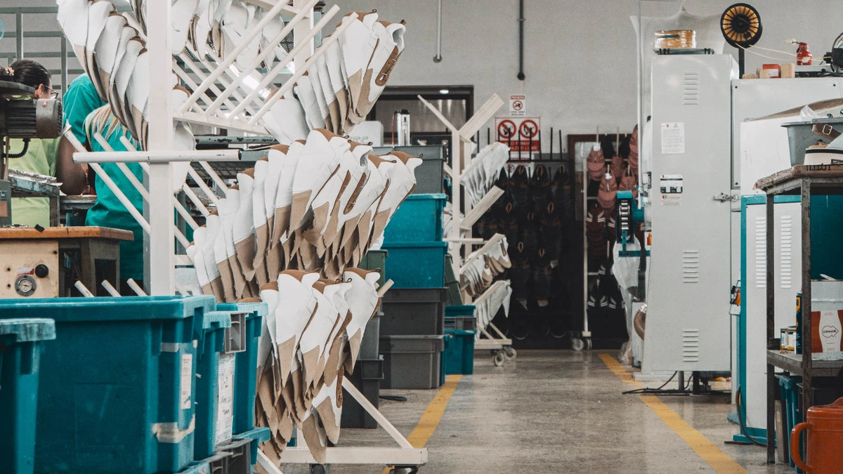 Portuguese shoe manufacturer production floor showing footwear in the manufacturing process in Portugal