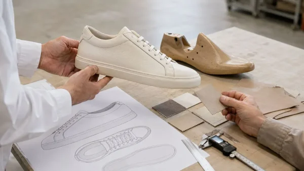 Footwear specialists reviewing a pre-production leather sneaker sample, materials and technical drawings before production approval.