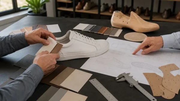 LG Shoes - How to choose premium footwear materials 6 Footwear specialists evaluating premium footwear materials and prototype manufacturing feasibility during footwear product development.