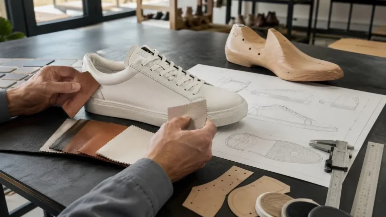 Premium footwear materials being evaluated against a leather sneaker prototype during footwear product development.