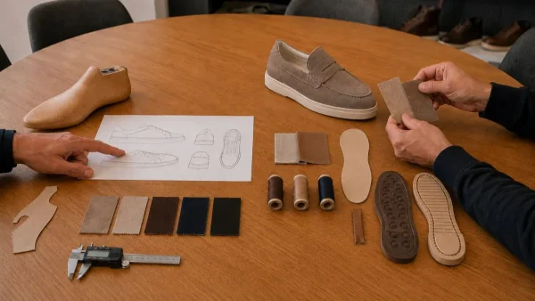 Footwear specialists comparing materials, threads, insole, and outsole options for a private label suede loafer