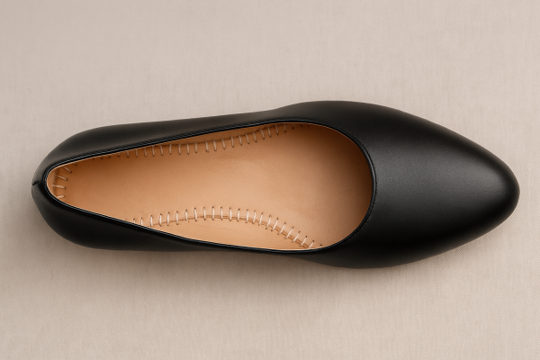 LG Shoes - What makes the Sacchetto construction the ultimate choice for luxury comfort? 2 Top view of a black Sacchetto-style luxury shoe showing the soft leather interior and bag-like construction detail, made by Portuguese shoe manufacturer LG Shoes.