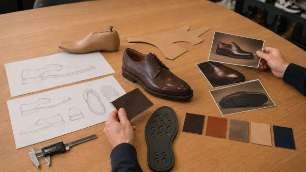 LG Shoes - How to brief a shoe manufacturer: the information brands must prepare before the first contact 5 Footwear specialists reviewing technical drawings, visual references, leather swatches, and outsole options for a brown derby shoe